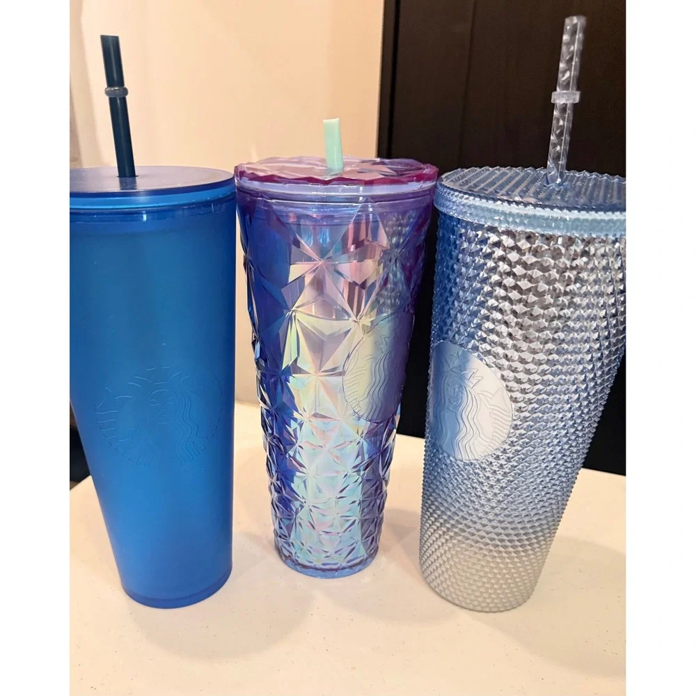 Starbucks Blue Tumbler Lot 3 Royal Blue Soft Touch Prism & Studded 24 oz